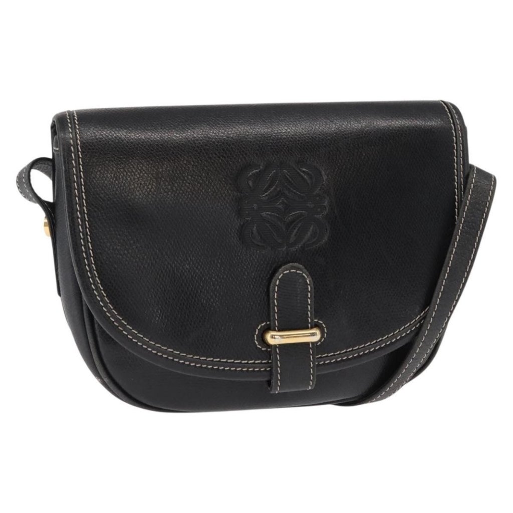 Authentic Loewe Anagram Shoulder Bag Leather Black Gold